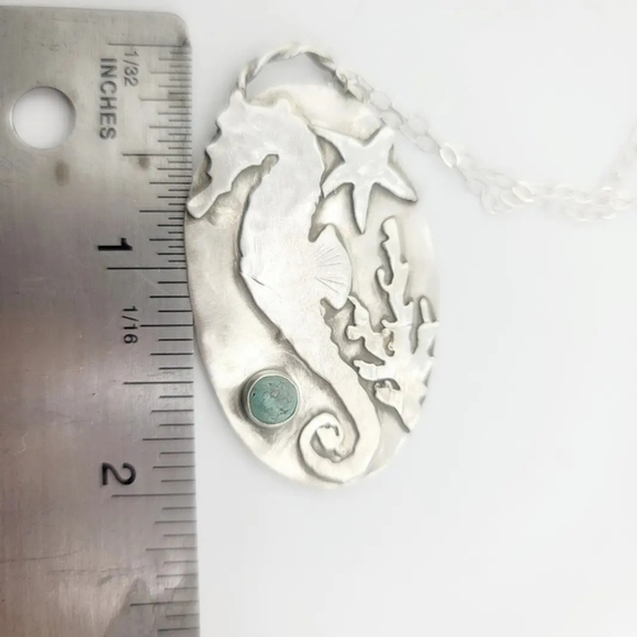 SEA HORSE TURQUOISE PENDANT HANDMADE IN STERLING SILVER METAL ABOUT 2" - Picture 4 of 5